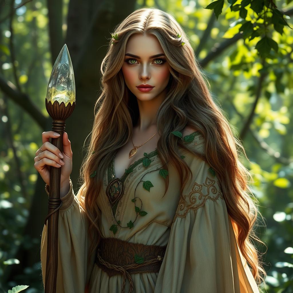 A breathtaking female high elf druid standing gracefully within a mystical forest, bathed in dappled sunlight