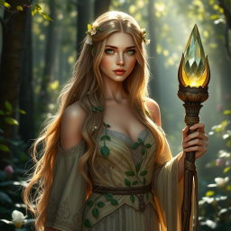A breathtaking female high elf druid standing gracefully within a mystical forest, bathed in dappled sunlight