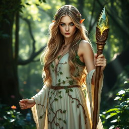A breathtaking female high elf druid standing gracefully within a mystical forest, bathed in dappled sunlight