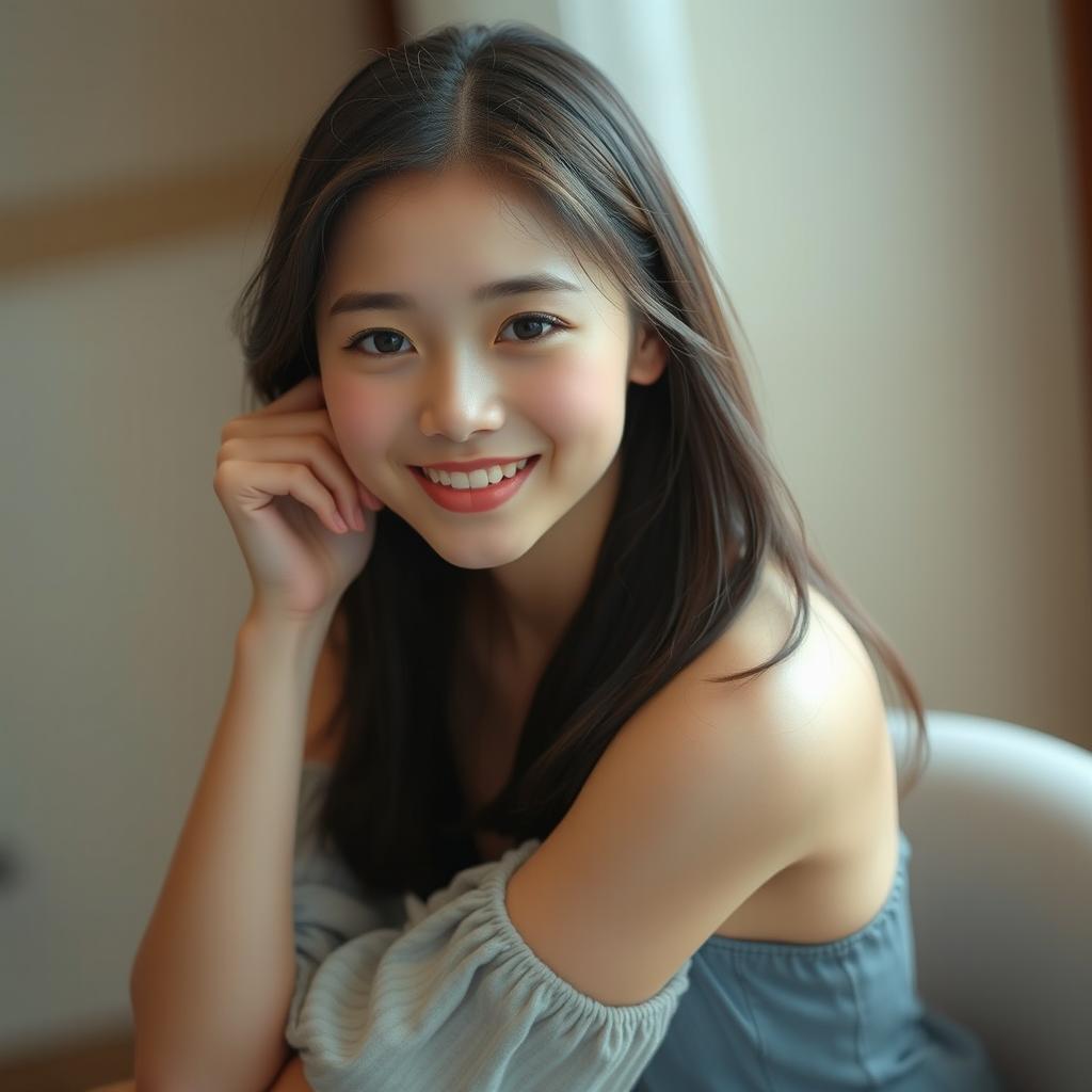 A cute Asian girl with perfect anatomy, sitting gracefully on a chair, showcasing her beauty in a soft and artistic manner