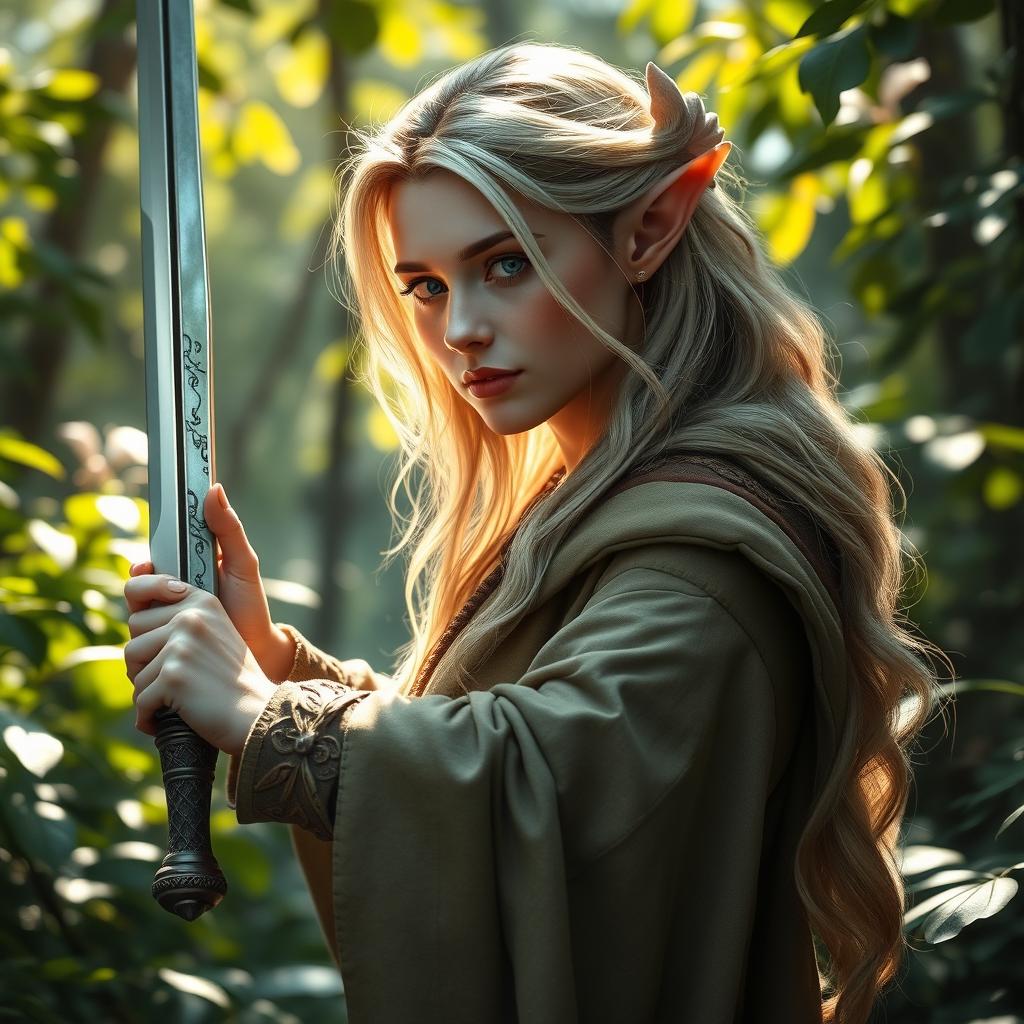 A beautiful female nature high elf druid with dark blonde hair, elegantly posed in a mystical forest