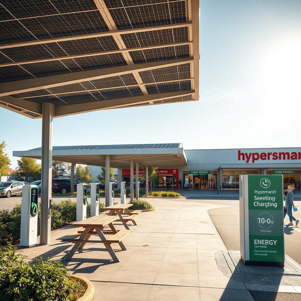 A solar-powered vehicle charging station capable of servicing 10 cars, adjacent to a large hypermarket