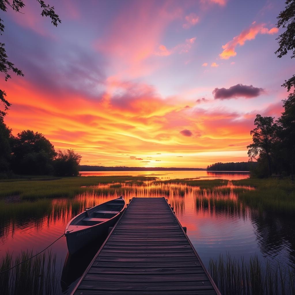 A serene landscape featuring a beautiful sunset over a tranquil lake surrounded by lush greenery