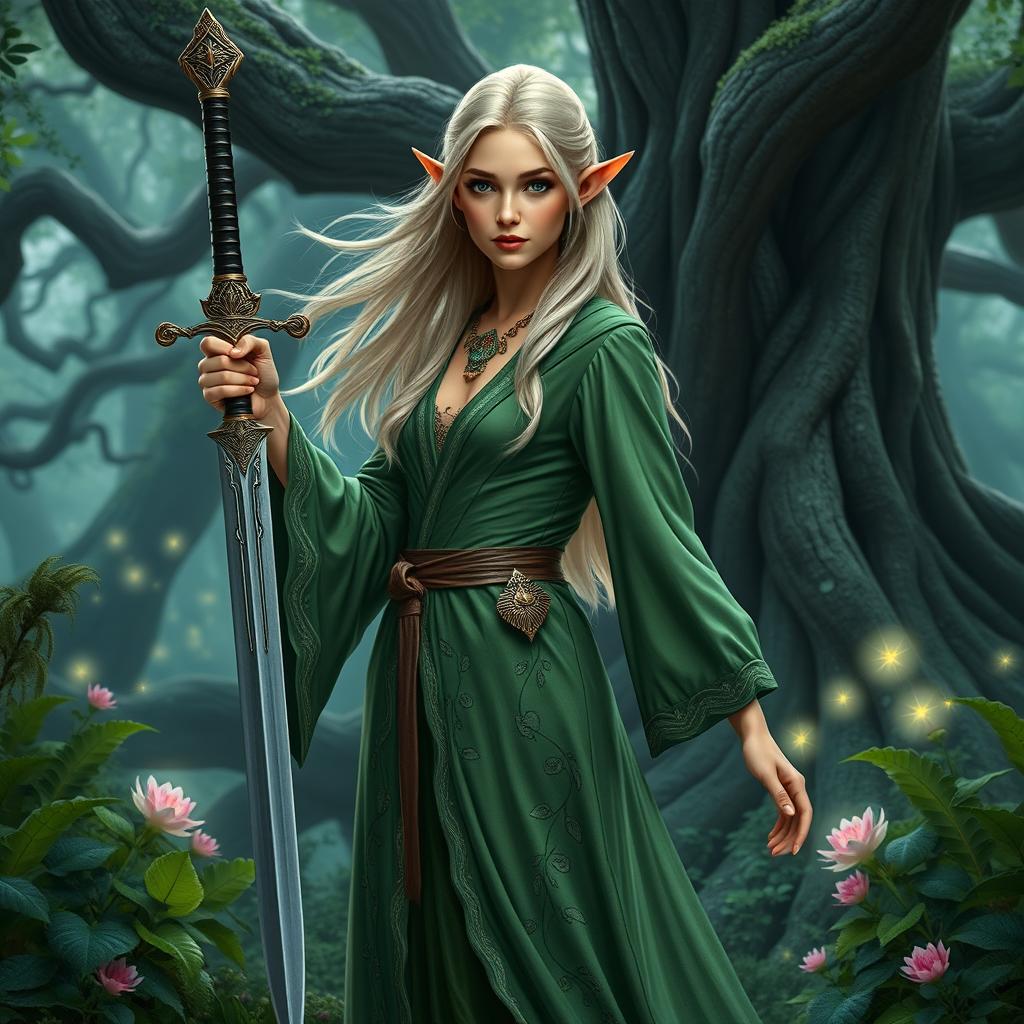 A high elf druid with dark blonde hair standing gracefully in a mystical forest