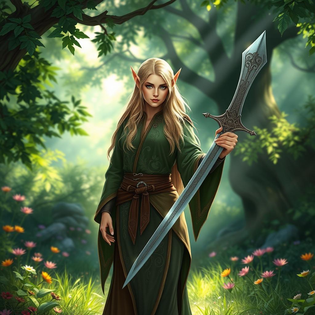 A female high elf druid with dark blonde hair, standing confidently in an enchanting forest setting