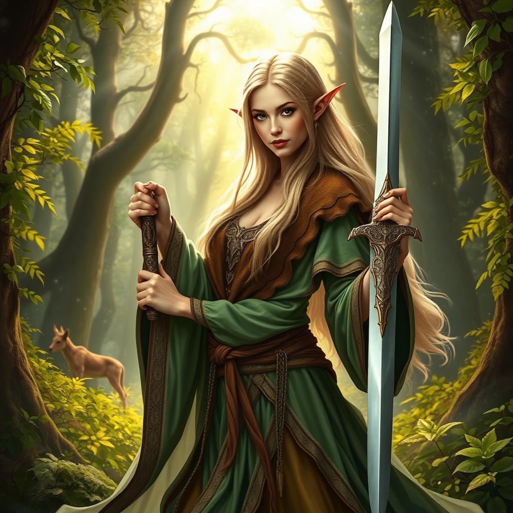 A stunning female high elf druid with dark blonde hair, poised gracefully in a magical forest
