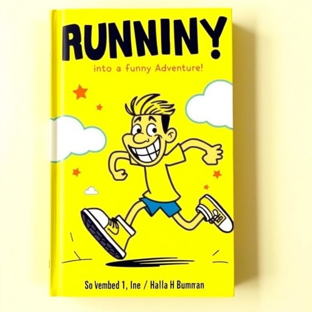 A vibrant yellow comedy book cover featuring a cartoonish running man who has exaggerated features, such as oversized shoes and a huge grin
