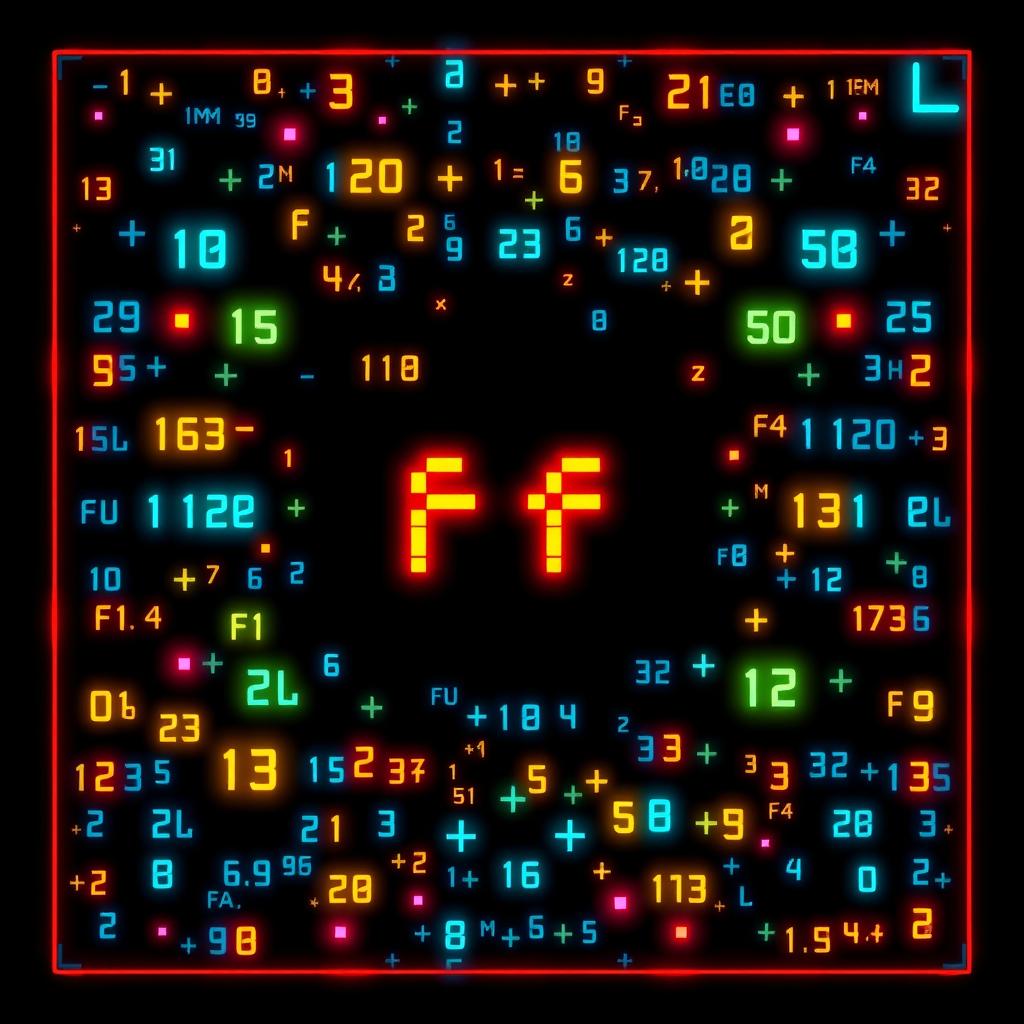 An 8-bit style card back design with a retro gaming vibe, featuring glowing numbers and equations scattered throughout the background