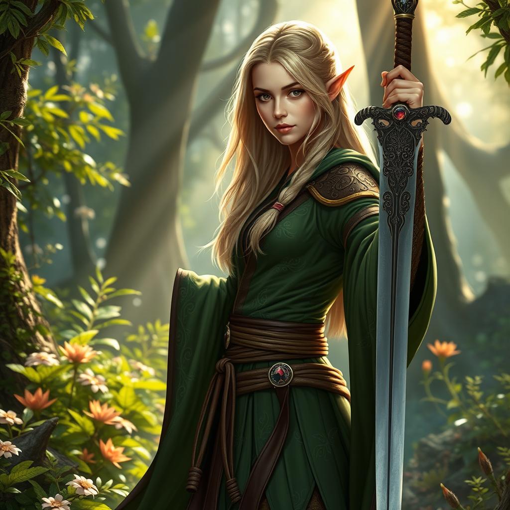 A captivating female high elf druid with dark blonde hair, elegantly posed in a mystical forest environment
