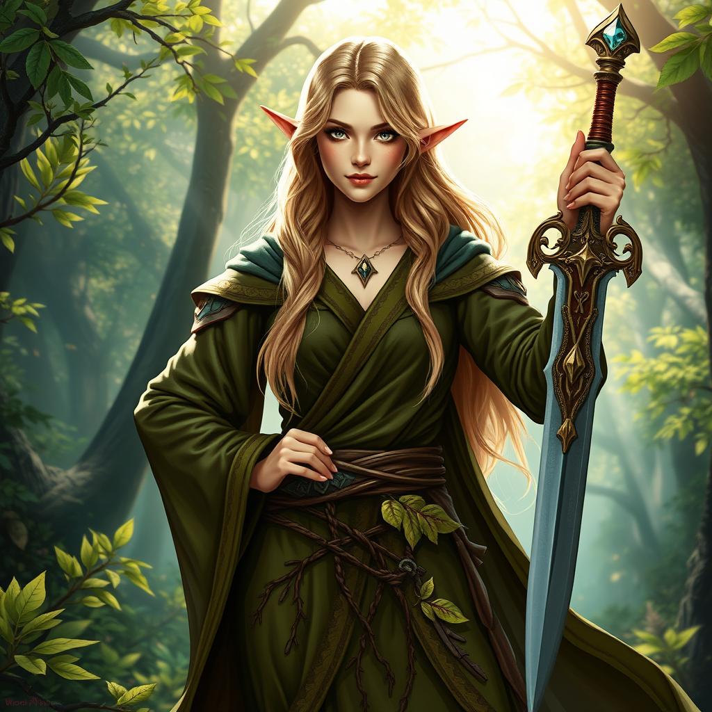 A beautiful female high elf druid with dark blonde hair, exuding an aura of strength and harmony in a mystical forest