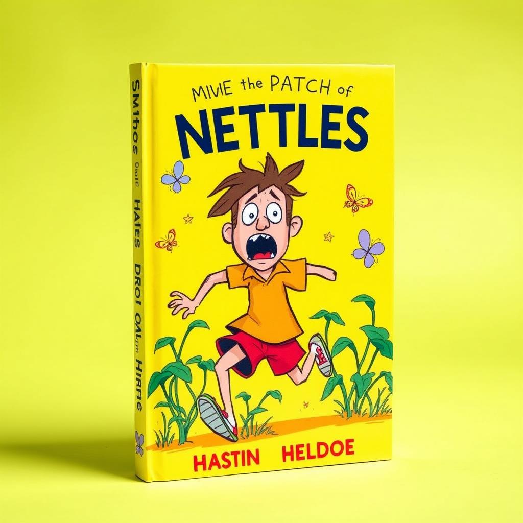 A comedic book cover featuring a man hilariously running through a patch of nettles