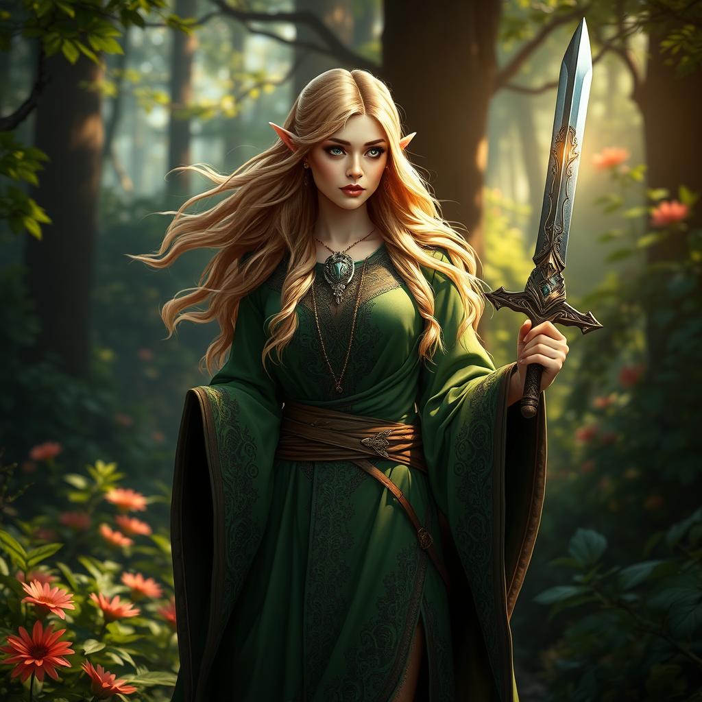 A female high elf druid standing gracefully amidst a lush forest, her dark blonde hair flowing gently in the breeze