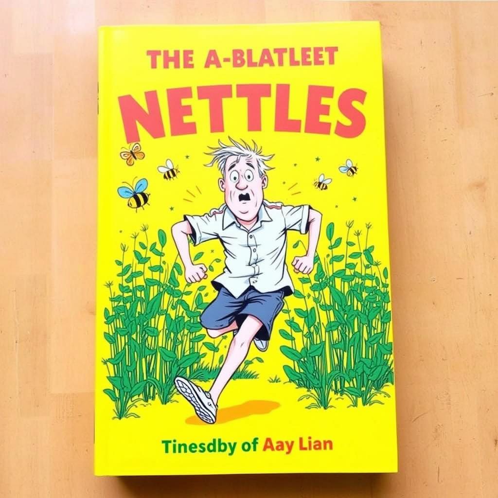 A humorous yellow book cover featuring a middle-aged man frantically running through a field of tall nettles