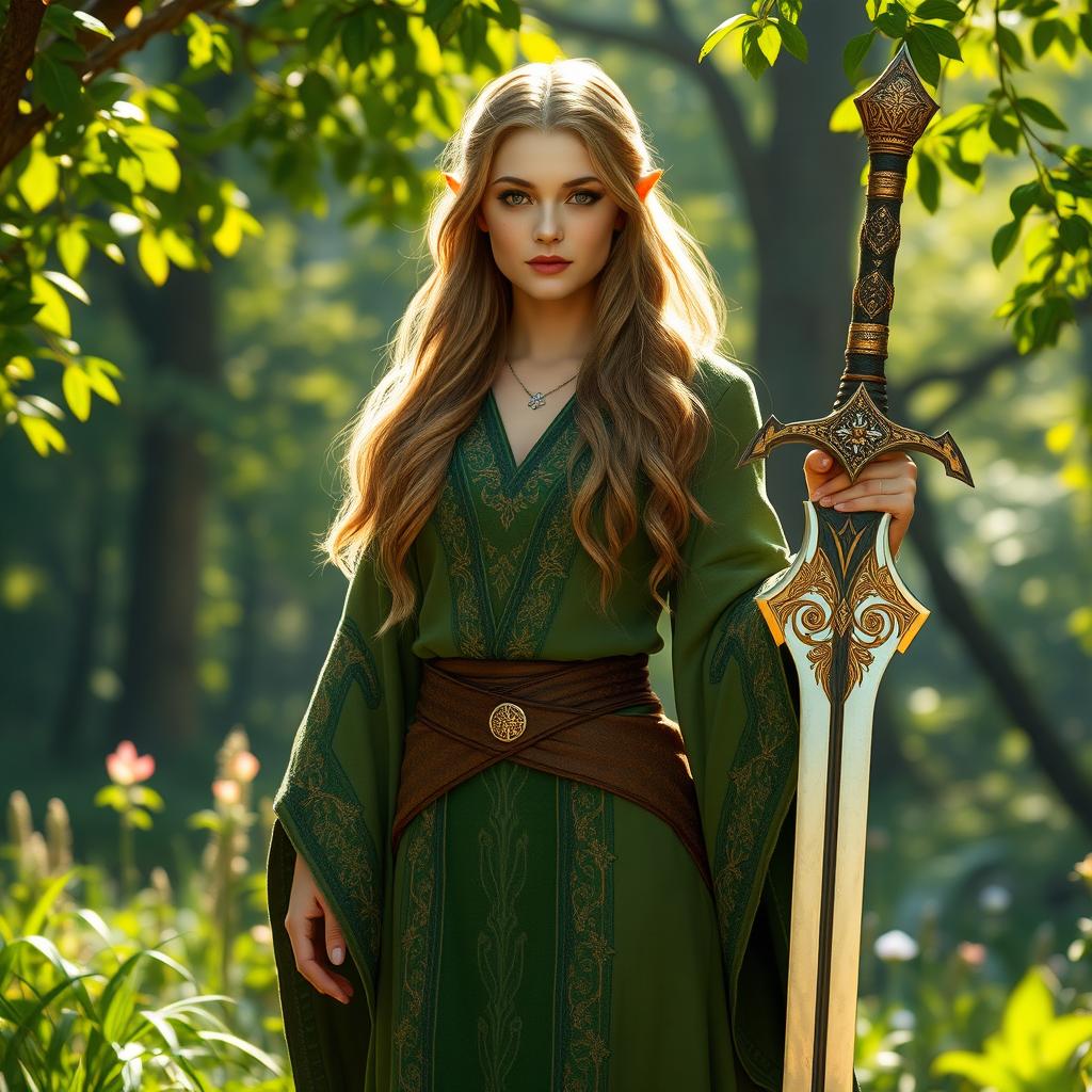 A female high elf druid standing majestically in a verdant glade, her light brown hair cascading down her back in soft waves