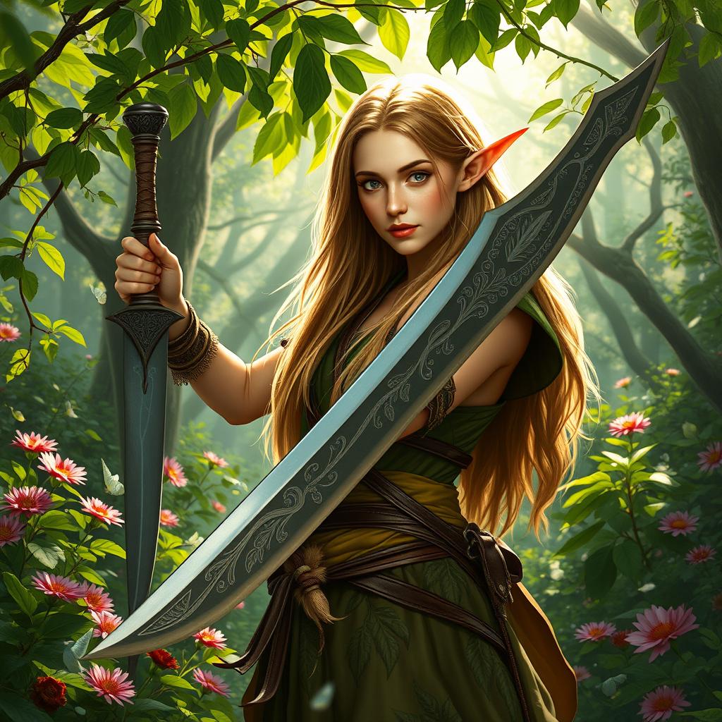 A female high elf druid with light brown hair, elegantly wielding a scimitar