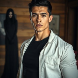 A close-up portrait of a young man with striking black hair and a muscular build, wearing a fitted black t-shirt under a simple white jacket