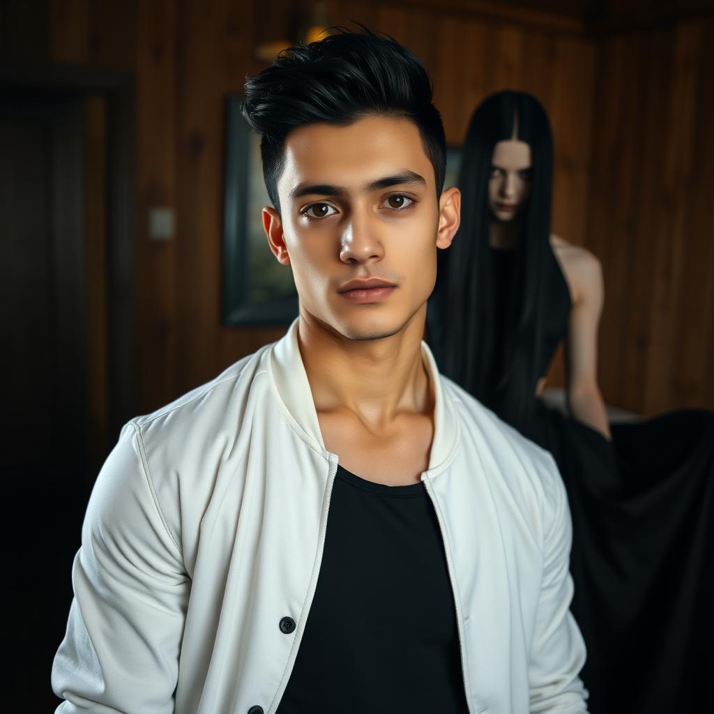 A close-up portrait of a young man with striking black hair and a muscular build, wearing a fitted black t-shirt under a simple white jacket
