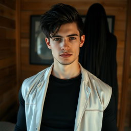 A close-up portrait of a young man with striking black hair and a muscular build, wearing a fitted black t-shirt under a simple white jacket