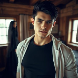 A close-up portrait of a young man with striking black hair and a muscular build, wearing a fitted black t-shirt under a simple white jacket