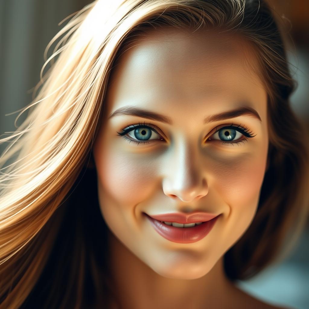 A close-up portrait of a beautiful woman with long flowing hair, bright blue eyes, and a gentle smile