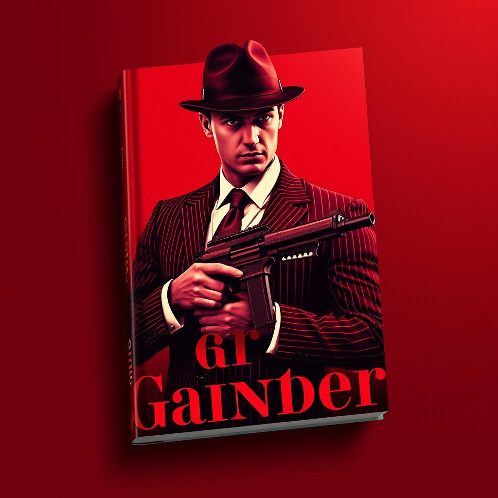 A striking red book cover design featuring a stylish gangster holding a machine gun, exuding an aura of power and confidence