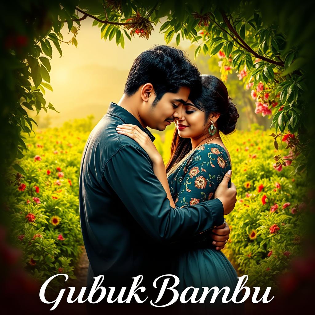 A romantic film poster titled 'Gubuk Bambu' featuring a couple in an emotional embrace, showcasing their deep affection