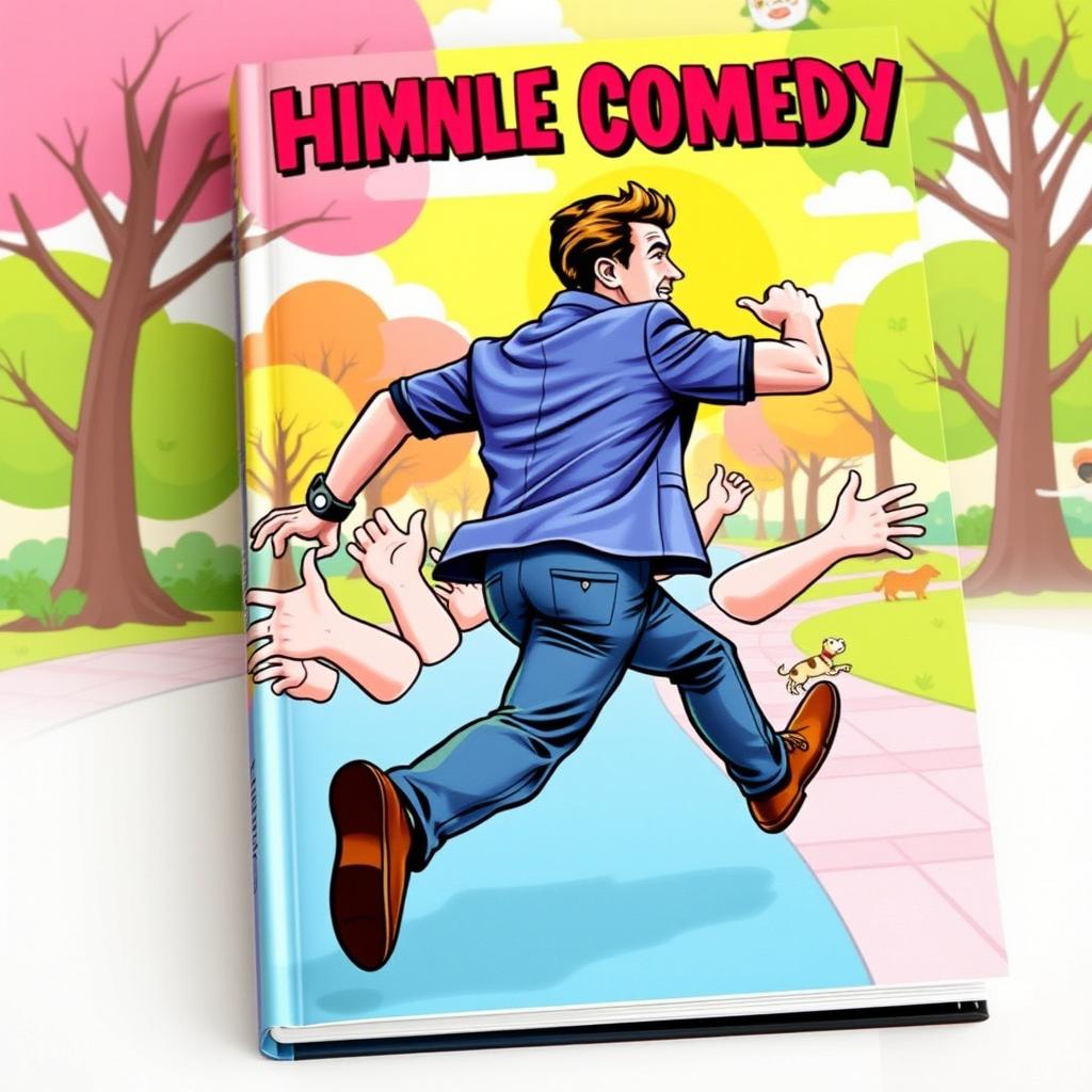 A whimsical comedy book cover featuring a man in a humorous, exaggerated running pose, darting away while looking back over his shoulder in a comical expression