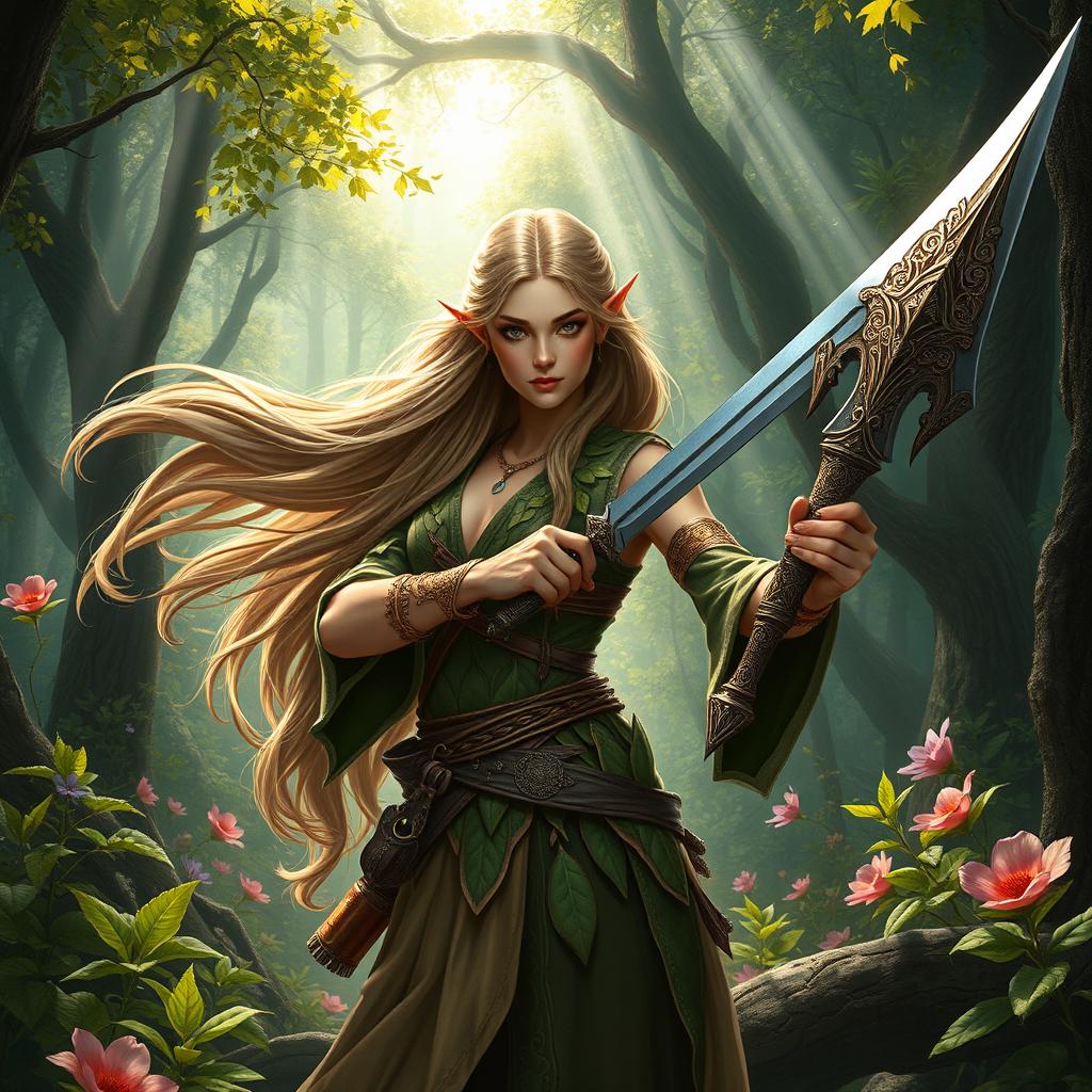 A female high elf druid with flowing light brown hair, gracefully wielding a beautifully crafted scimitar