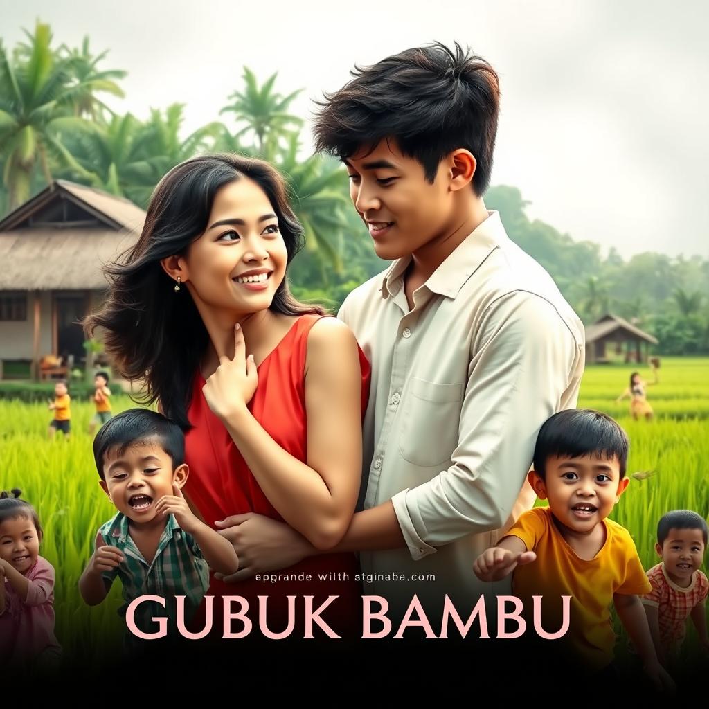 A romantic film poster for a movie titled 'GUBUK BAMBU', featuring an emotional scene with teenage lovers showcasing bright colors and expressive emotions