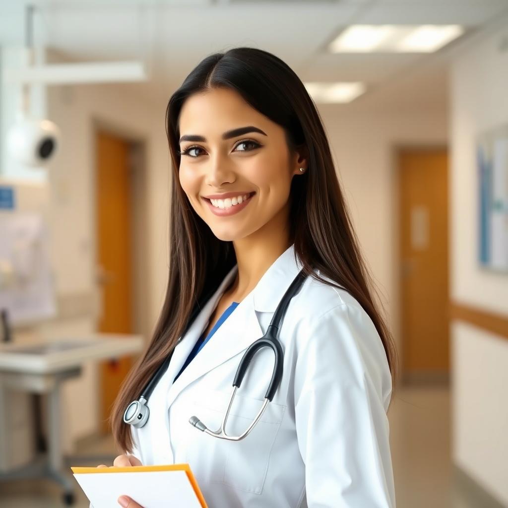 A female doctor in a modern hospital setting, wearing a white lab coat and a stethoscope around her neck