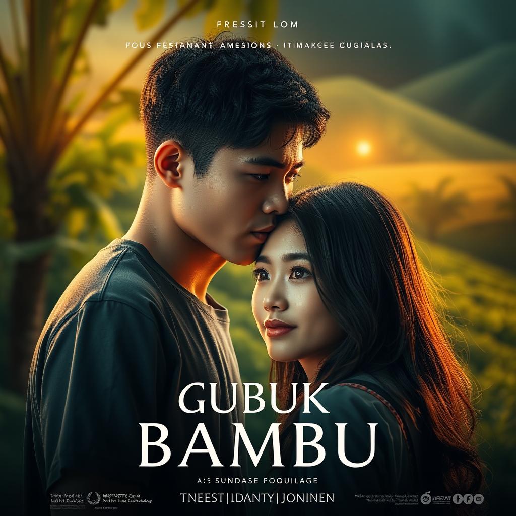 A romantic film poster titled 'GUBUK BAMBU', featuring a cinematic atmosphere with bright, vibrant colors