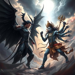 A dramatic and epic battle scene featuring Lucifer, depicted as a tall, powerful figure with elegant black wings, wearing ornate armor that glimmers with dark energy