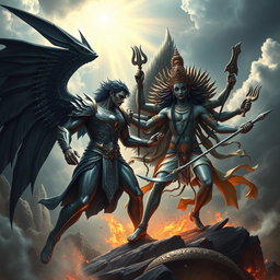 A dramatic and epic battle scene featuring Lucifer, depicted as a tall, powerful figure with elegant black wings, wearing ornate armor that glimmers with dark energy