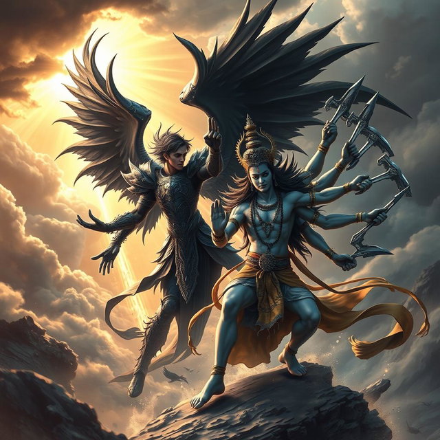 A dramatic and epic battle scene featuring Lucifer, depicted as a tall, powerful figure with elegant black wings, wearing ornate armor that glimmers with dark energy