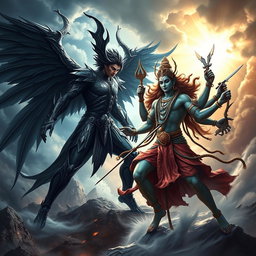 A dramatic and epic battle scene featuring Lucifer, depicted as a tall, powerful figure with elegant black wings, wearing ornate armor that glimmers with dark energy