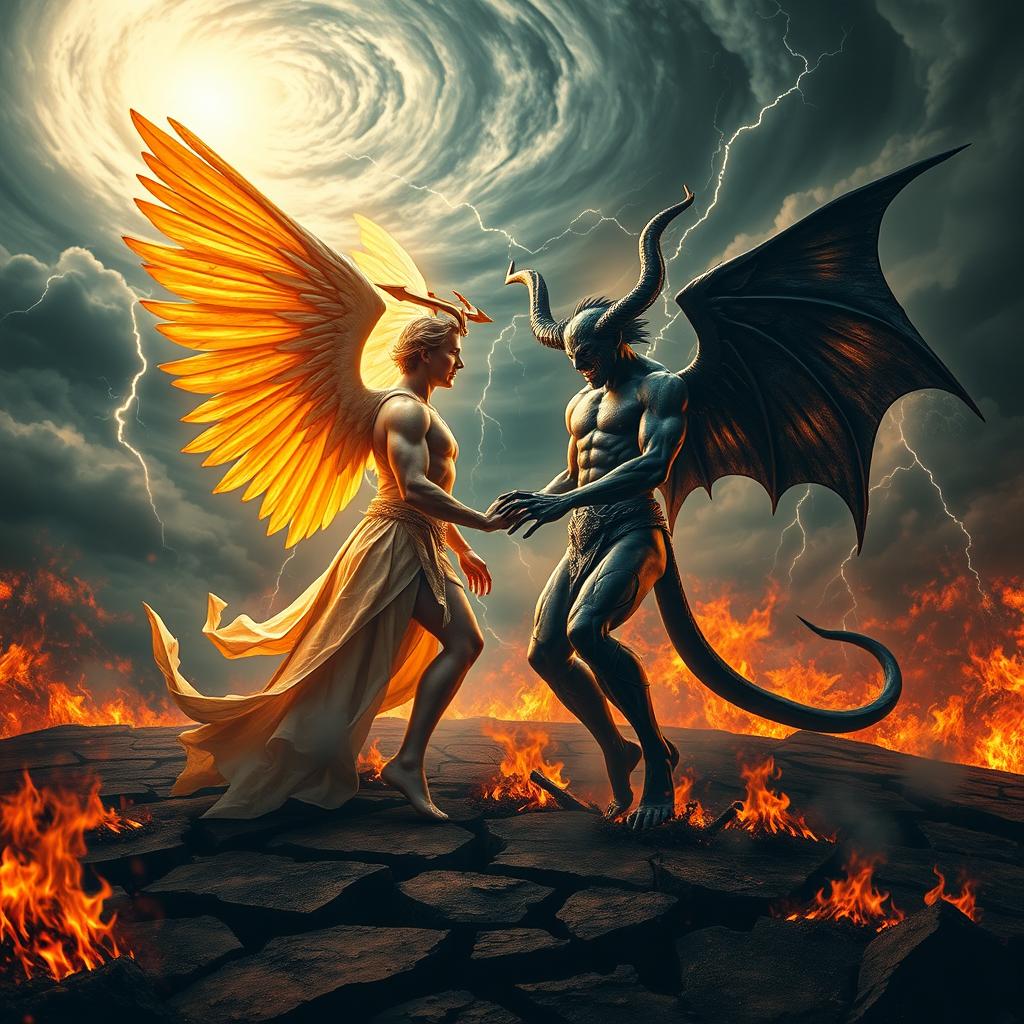 A dramatic showdown between two powerful beings, Lucifer and Satan, depicted in a fiery, chaotic landscape