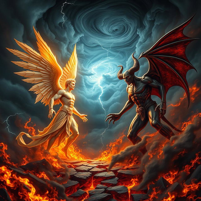 A dramatic showdown between two powerful beings, Lucifer and Satan, depicted in a fiery, chaotic landscape