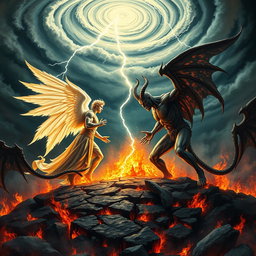 A dramatic showdown between two powerful beings, Lucifer and Satan, depicted in a fiery, chaotic landscape