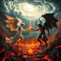 A dramatic showdown between two powerful beings, Lucifer and Satan, depicted in a fiery, chaotic landscape