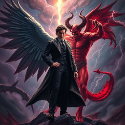 A dramatic and intense showdown between two personifications: Lucifer and Satan, depicted as powerful and charismatic figures