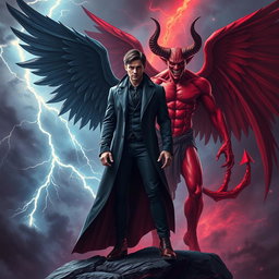 A dramatic and intense showdown between two personifications: Lucifer and Satan, depicted as powerful and charismatic figures