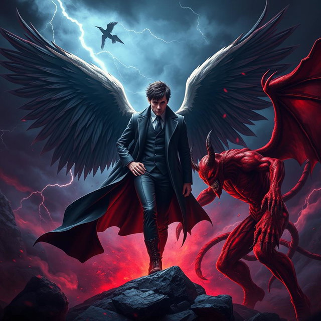 A dramatic and intense showdown between two personifications: Lucifer and Satan, depicted as powerful and charismatic figures