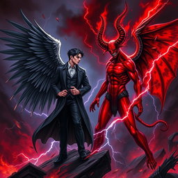 A dramatic and intense showdown between two personifications: Lucifer and Satan, depicted as powerful and charismatic figures