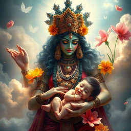 A beautiful and serene depiction of the Hindu goddess Mahakali, radiating strength and compassion, lovingly cradling a baby boy at her breast