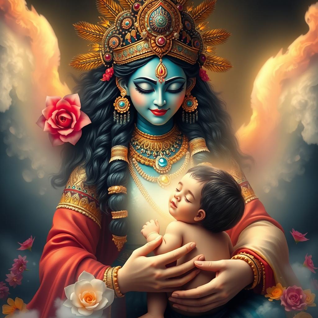 A beautiful and serene depiction of the Hindu goddess Mahakali, radiating strength and compassion, lovingly cradling a baby boy at her breast