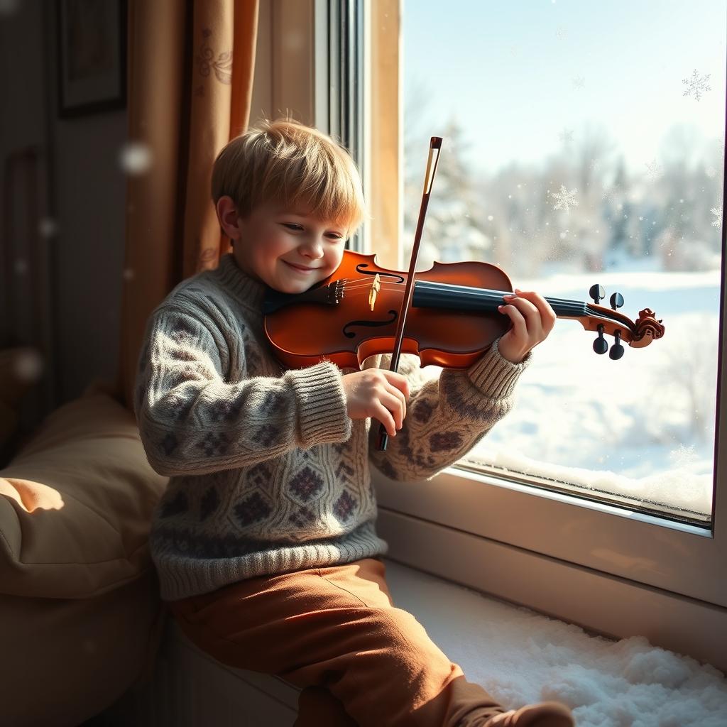 A young boy playing a violin while sitting on a windowsill, with a snowy landscape visible through the window