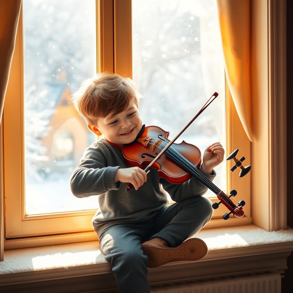 A small boy playing the violin while sitting on a windowsill, surrounded by a cozy indoor setting
