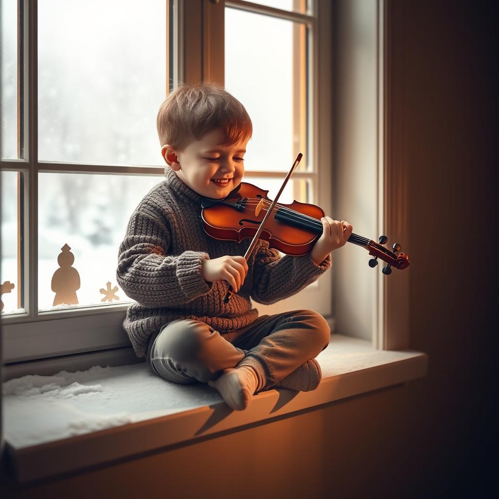 A small boy playing the violin sitting on a windowsill, with snow falling outside the window