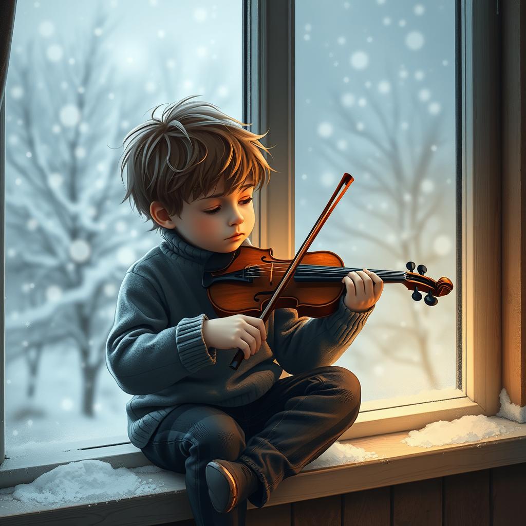 A sad little boy playing a violin while sitting on a windowsill