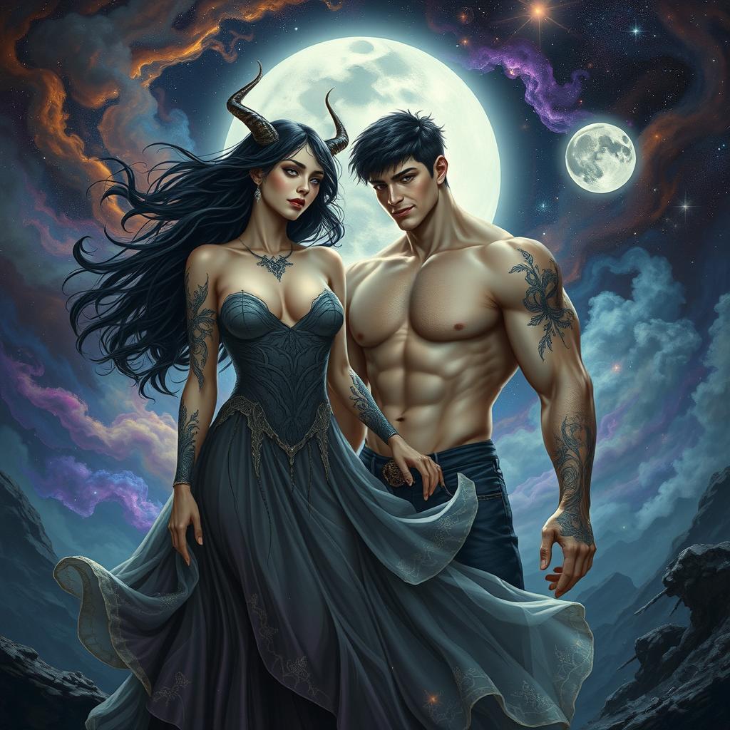 A fantastical depiction of Lilith and Antikritus as an ethereal couple in a dramatic, mystical landscape